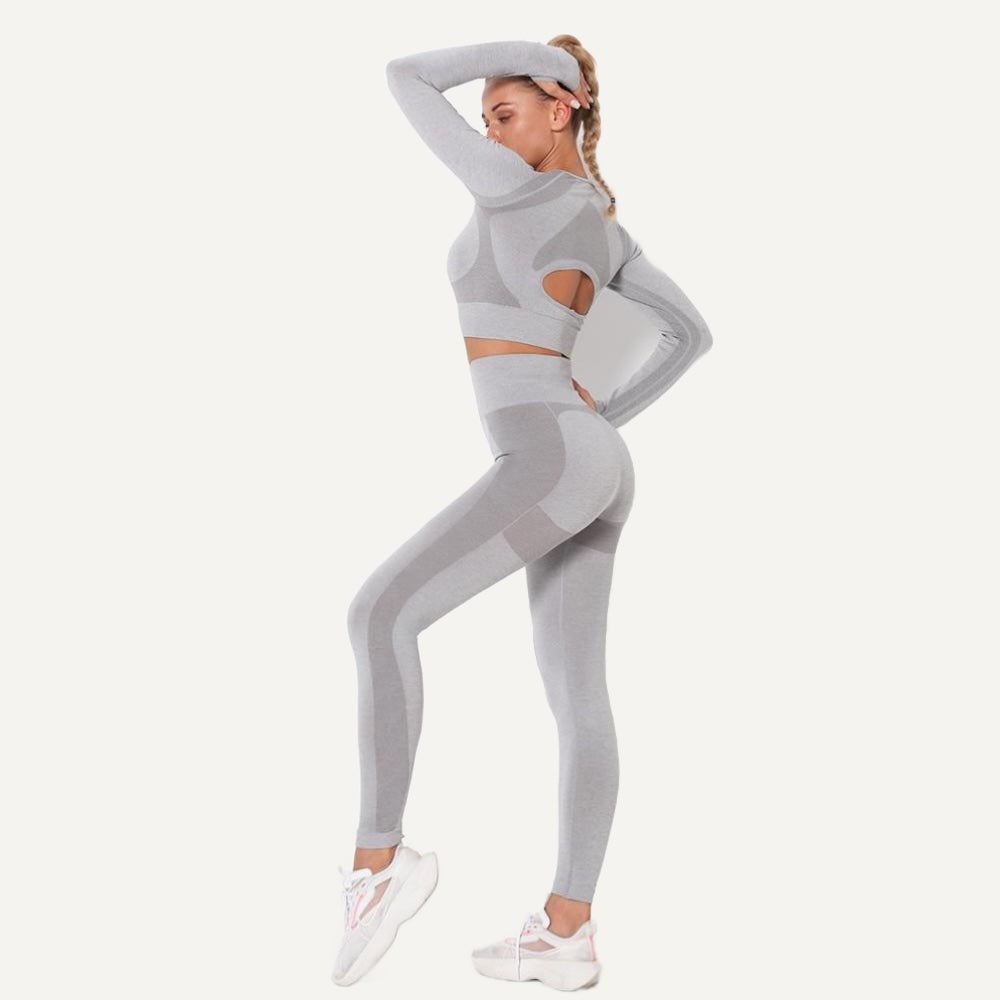 Open-Back Long Sleeve Crop Top and Leggings Set - Light Gray