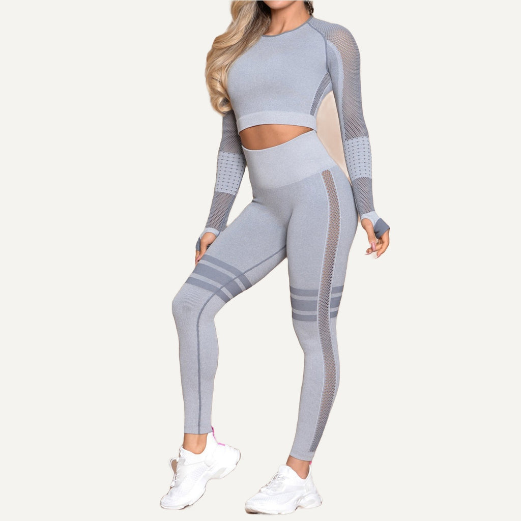 Long Sleeve Paneled Crop Top and Leggings Set - Light Gray