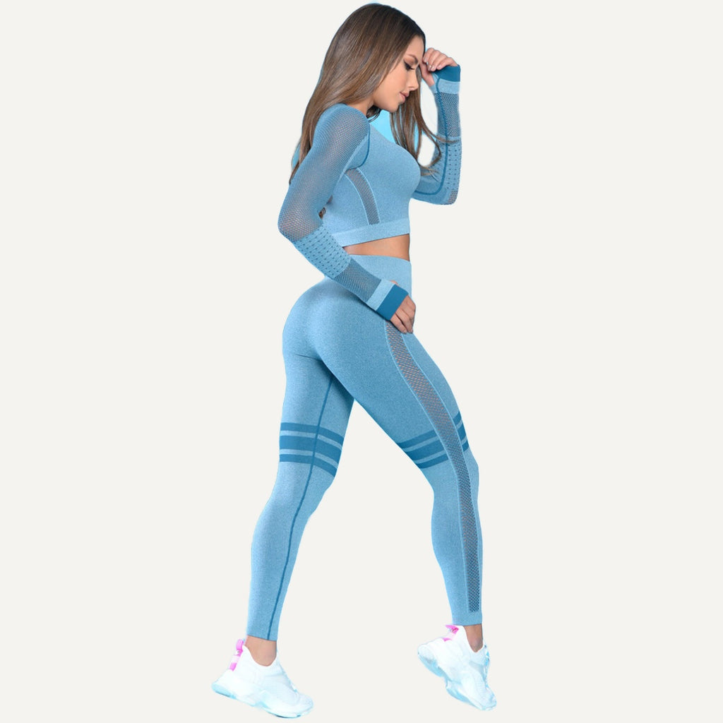 Long Sleeve Paneled Crop Top and Leggings Set - Dusty Blue