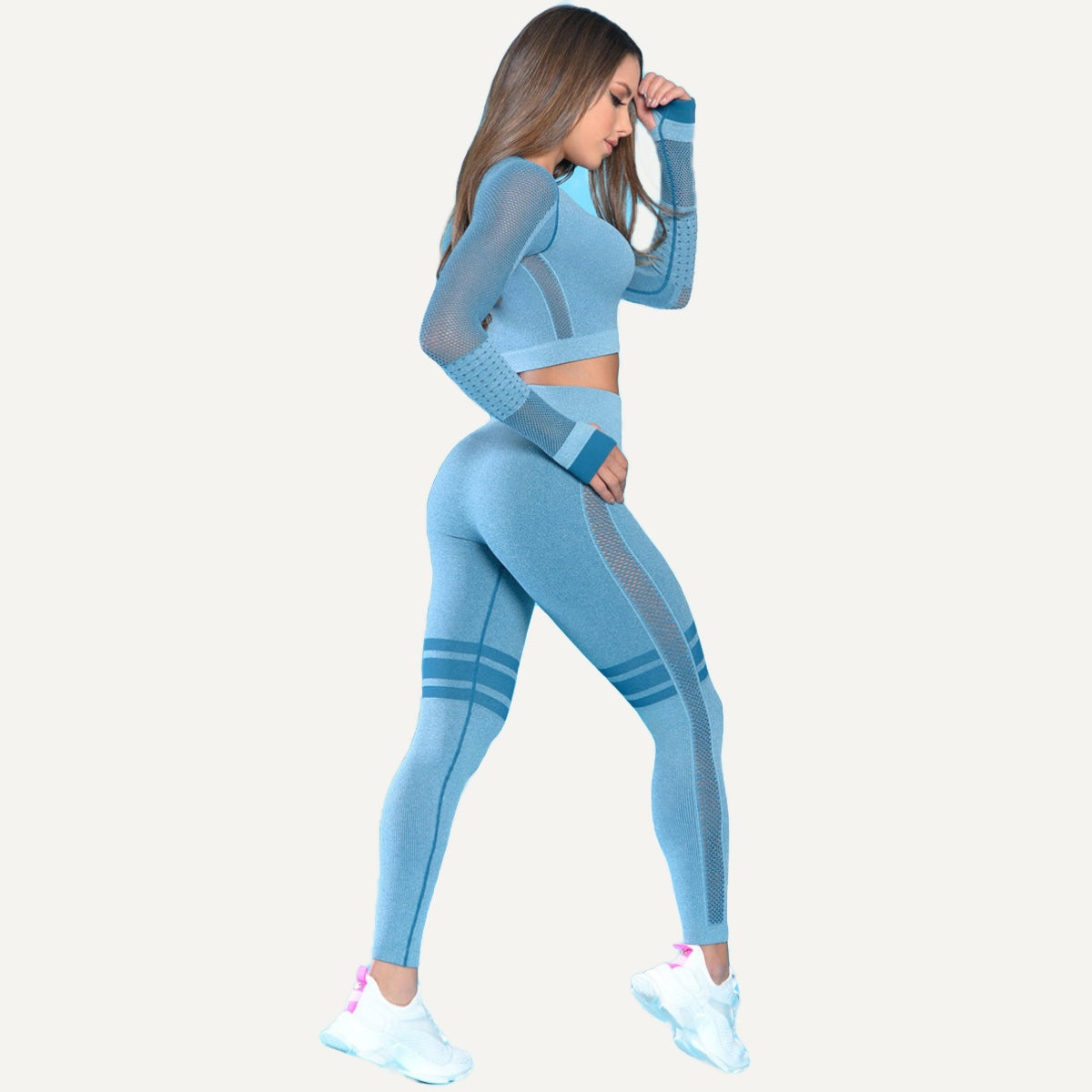 Long Sleeve Paneled Crop Top and Leggings Set - Dusty Blue