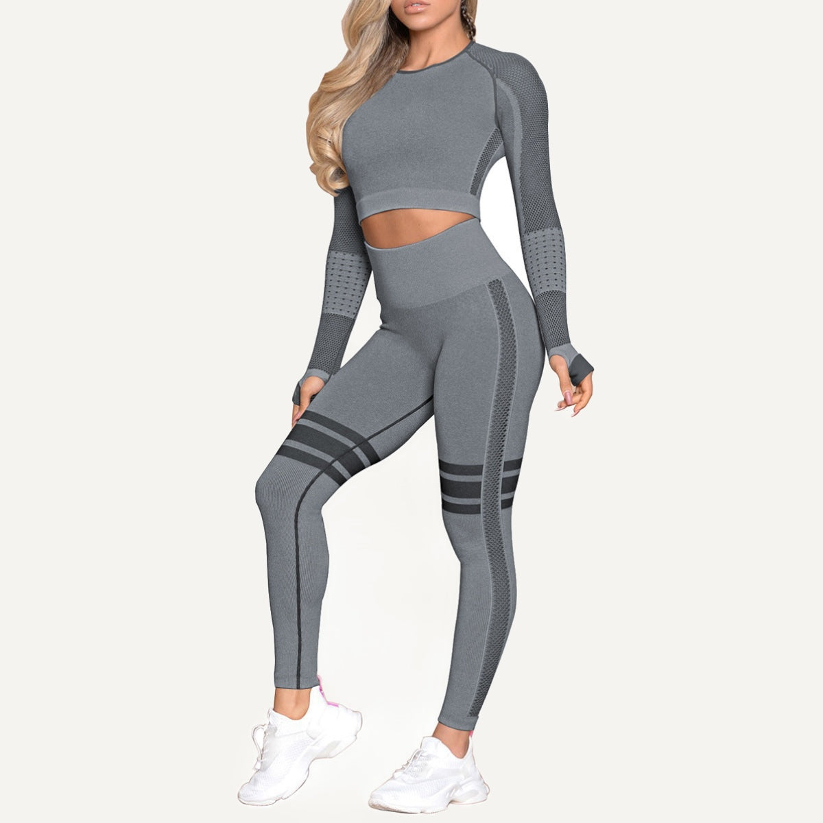 Long Sleeve Paneled Crop Top and Leggings Set - Charcoal