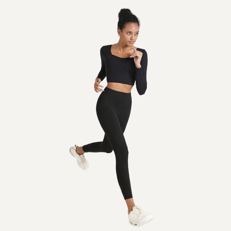 Square-Neck Long Sleeve Crop Top and Leggings Set - Black