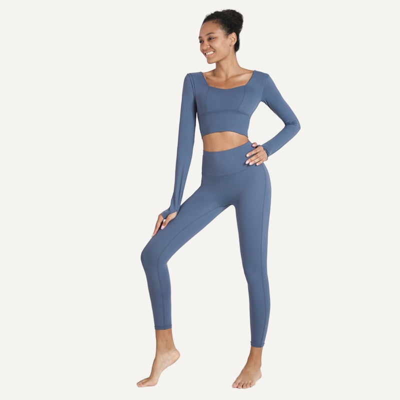 Square-Neck Long Sleeve Crop Top and Leggings Set - Denim Blue