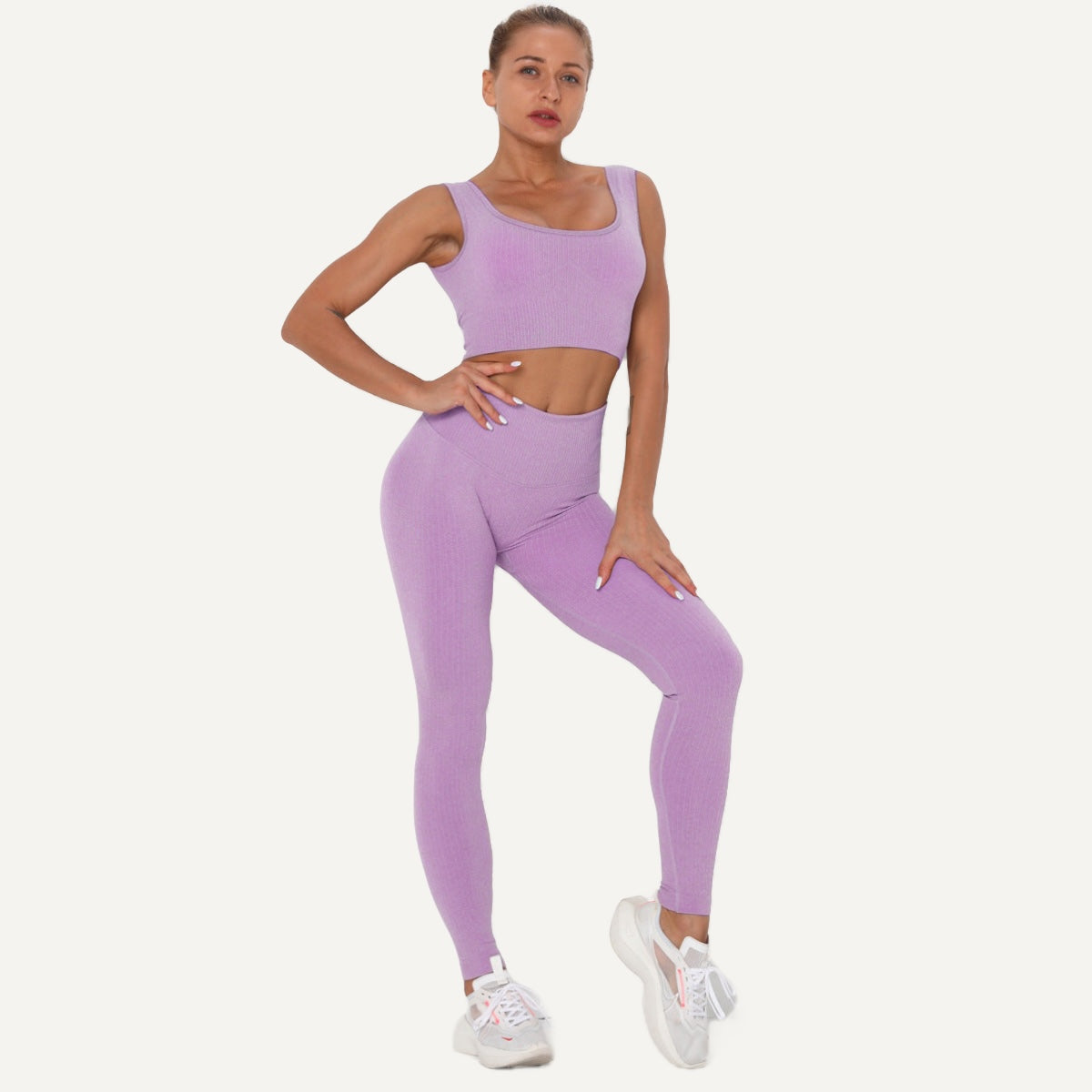 Workout Set with Square-Neck Crop Tank and Leggings - Lilac