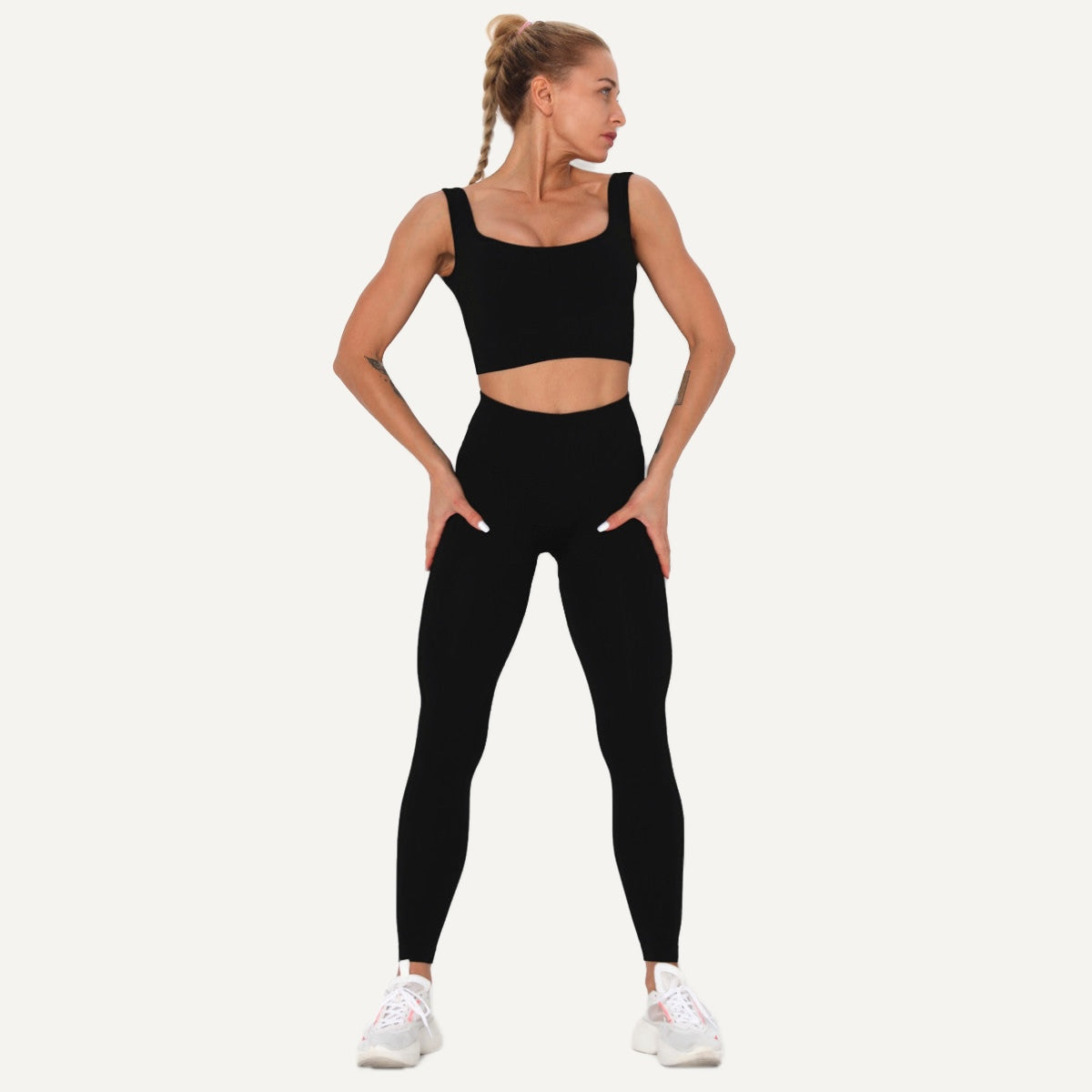 Workout Set with Square-Neck Crop Tank and Leggings - Black