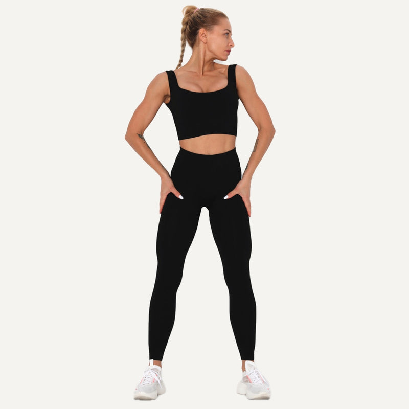 Workout Set with Square-Neck Crop Tank and Leggings - Black