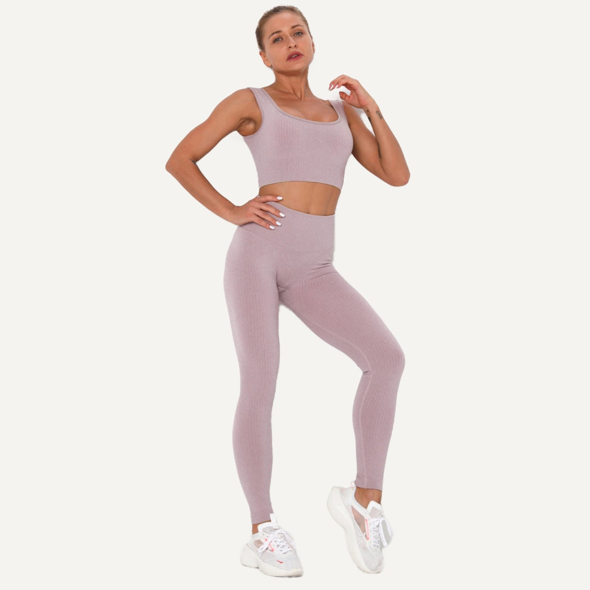 Workout Set with Square-Neck Crop Tank and Leggings - Mauve