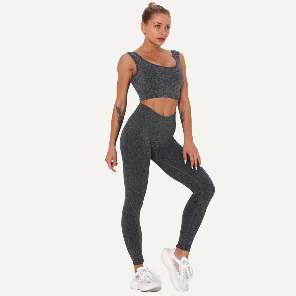 Workout Set with Square-Neck Crop Tank and Leggings - Charcoal