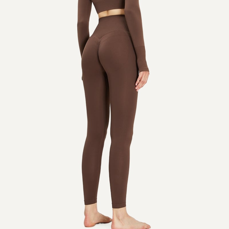 High-Waisted Leggings with Ribbed Waistband - Brown