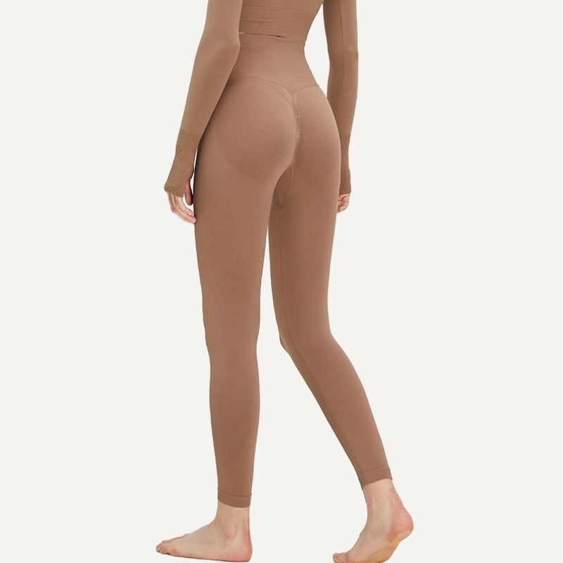 High-Waisted Leggings with Ribbed Waistband - Tan