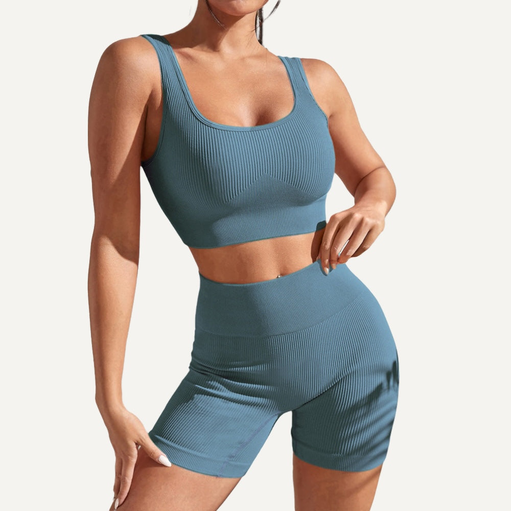 Ribbed Workout Set with Crop Tank and Shorts - Muted Teal