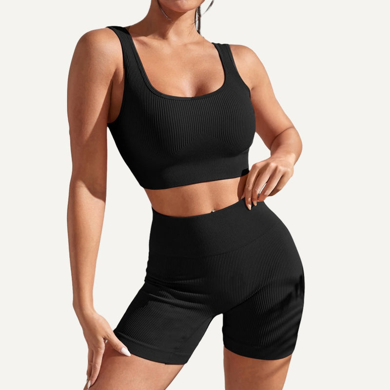 Ribbed Workout Set with Crop Tank and Shorts - Black