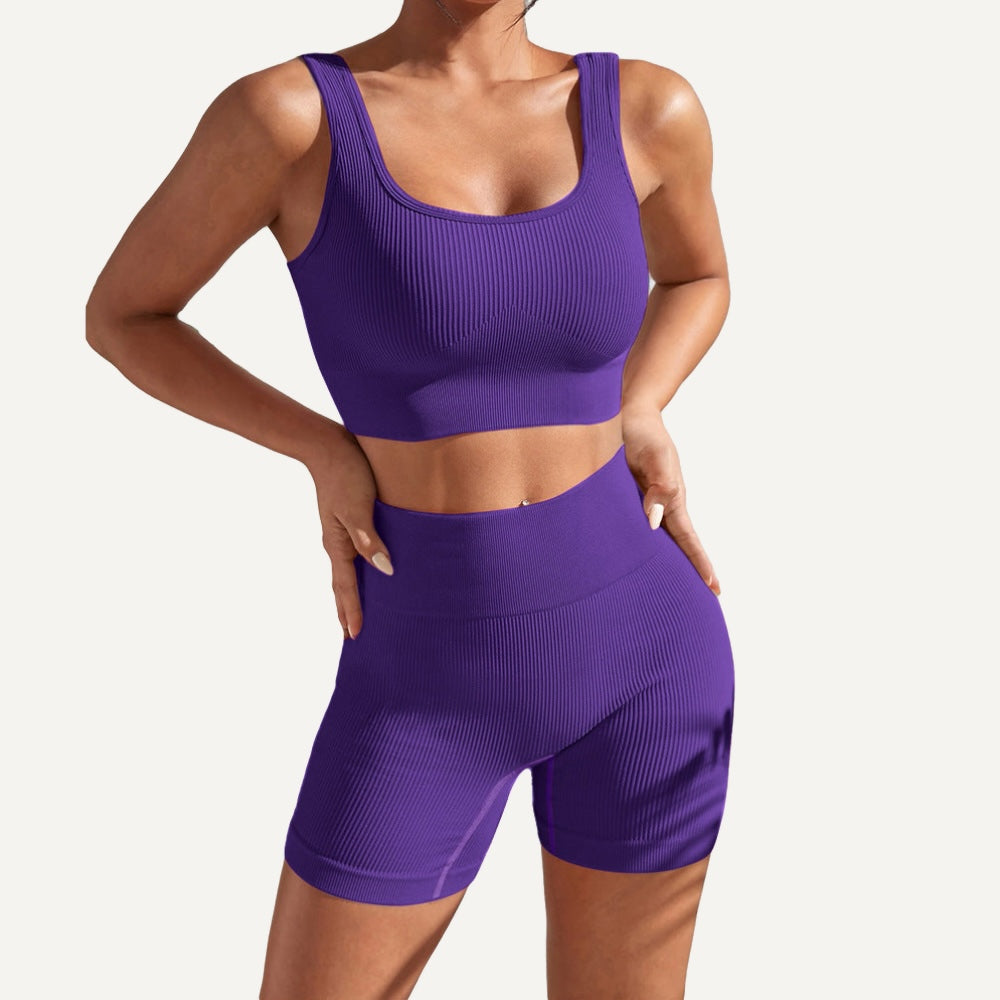 Ribbed Workout Set with Crop Tank and Shorts - Purple
