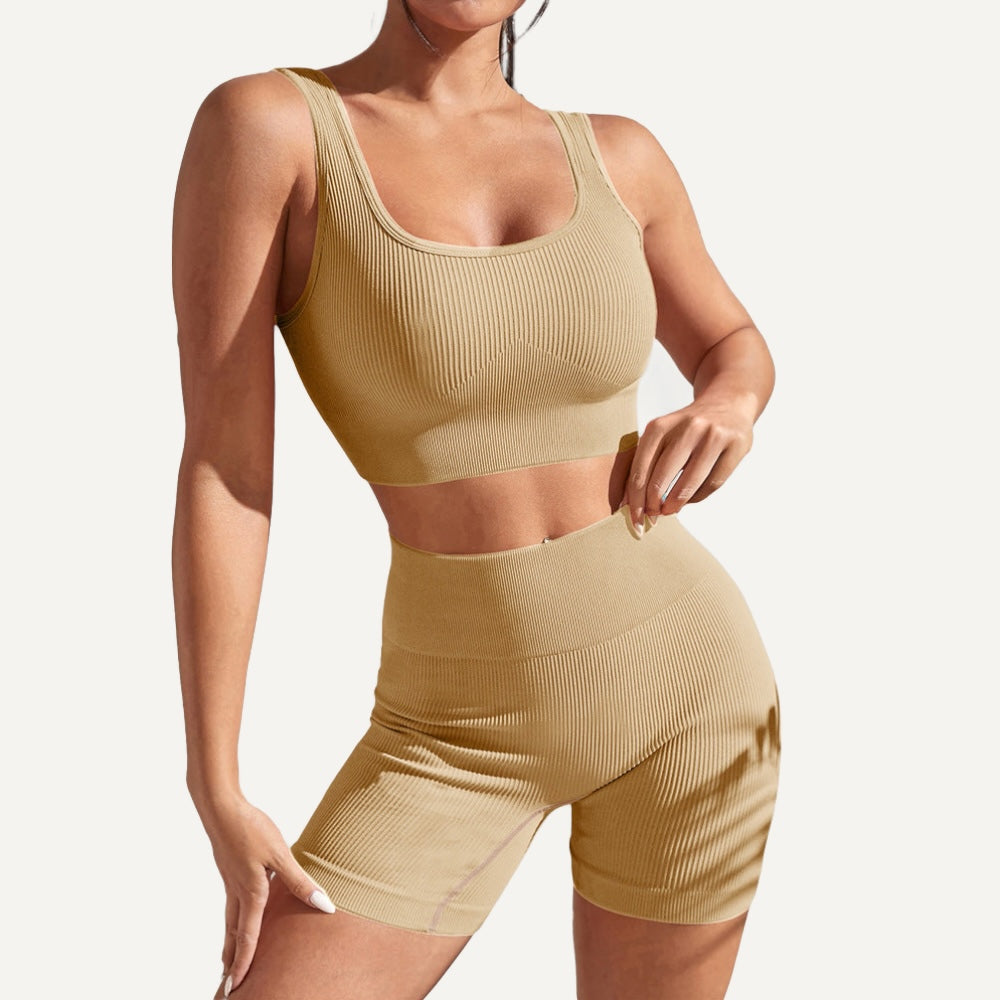 Ribbed Workout Set with Crop Tank and Shorts - Beige