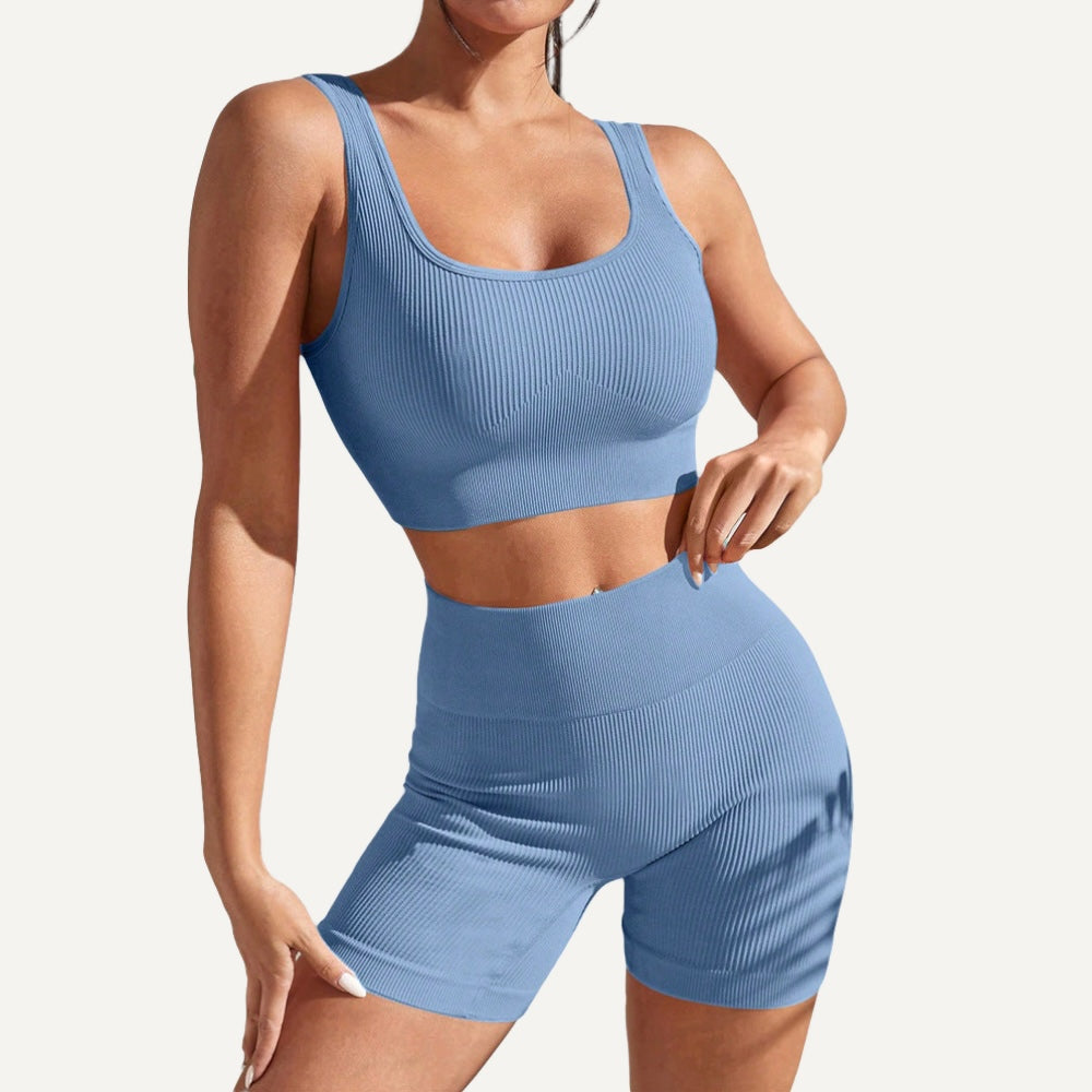 Ribbed Workout Set with Crop Tank and Shorts - Blue
