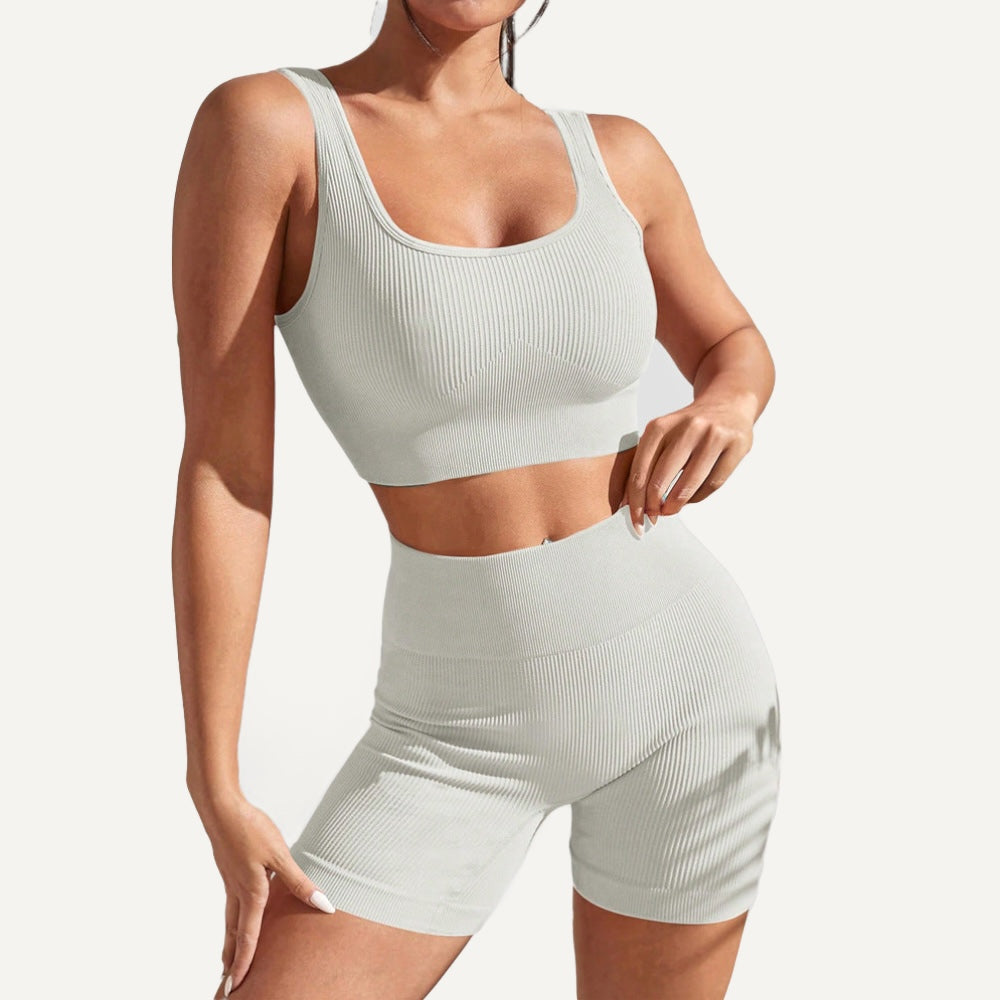 Ribbed Workout Set with Crop Tank and Shorts - Ivory