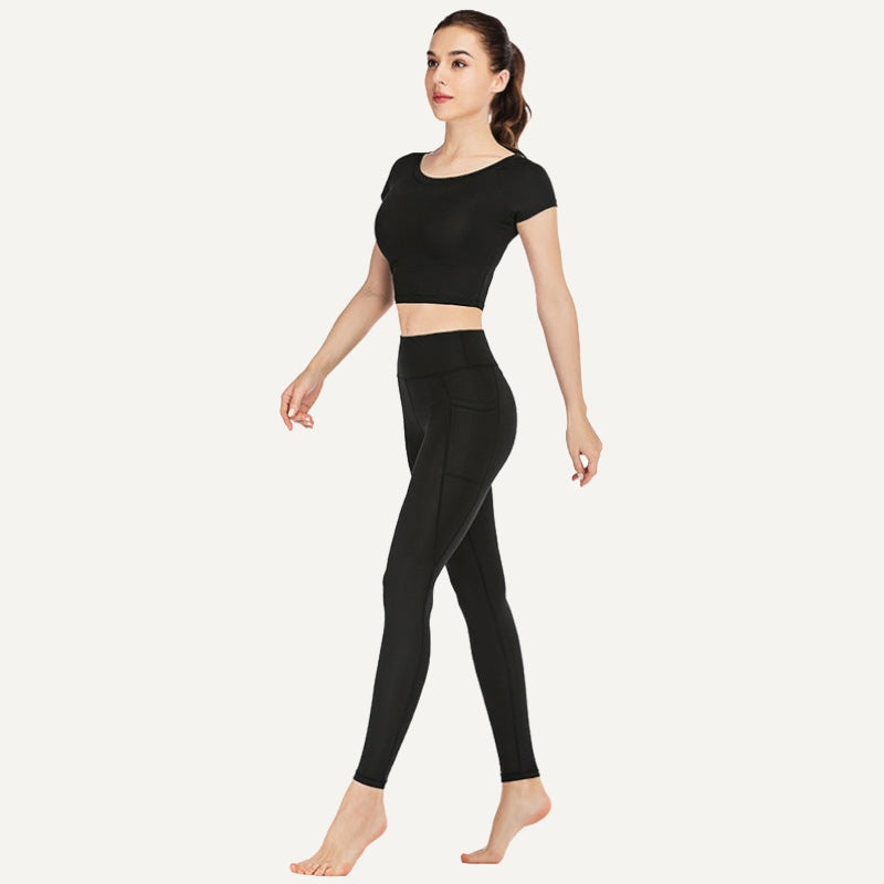 Workout Set with Short-Sleeve Top and Pocket Leggings - Black