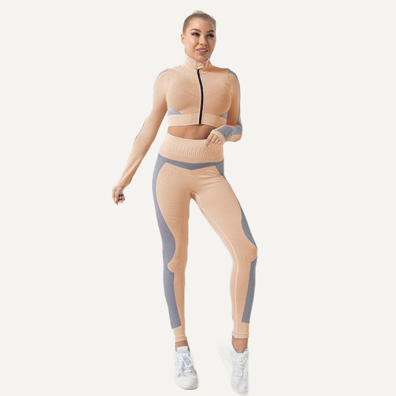 Workout Set with Zip-Up Crop Jacket and Paneled Leggings - Peach