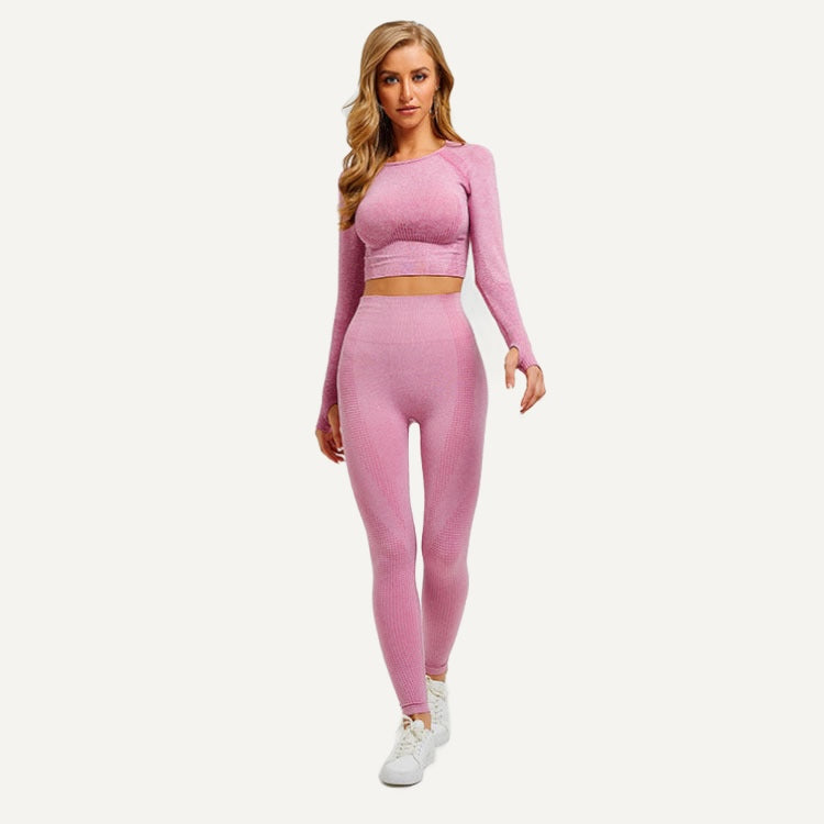 Long Sleeve Crop Top and Heathered Leggings Set - Pink