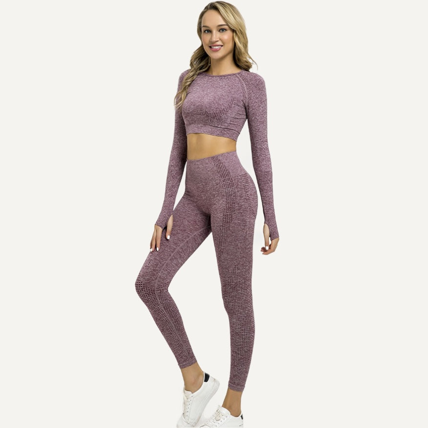 Long Sleeve Crop Top and Heathered Leggings Set - Plum