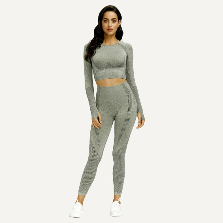 Long Sleeve Crop Top and Heathered Leggings Set - Sage