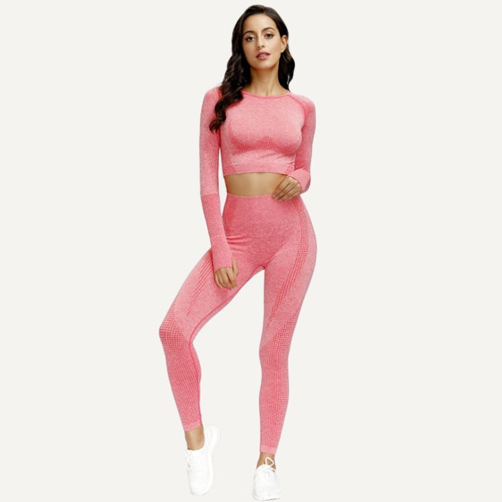 Long Sleeve Crop Top and Heathered Leggings Set - Coral