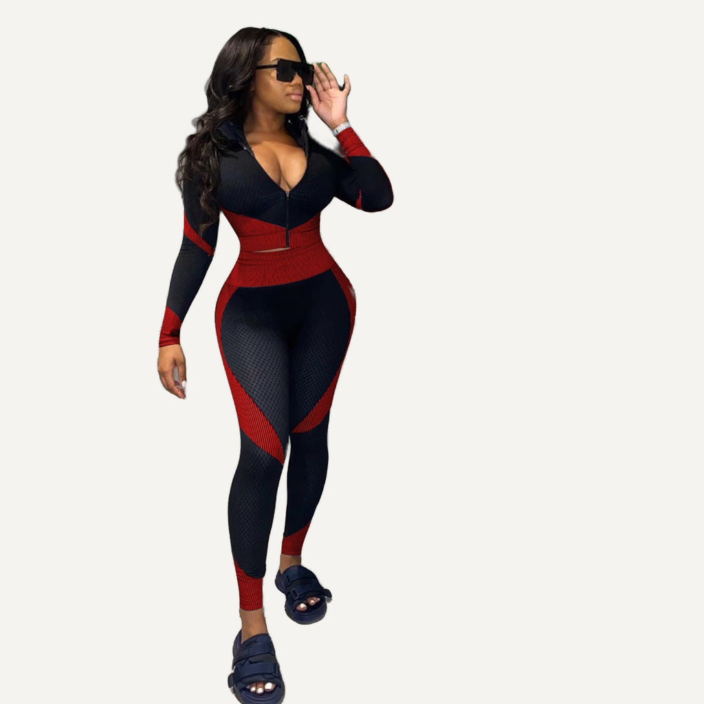Contrast-Panel Zip-Neck Top and Leggings Set - Red