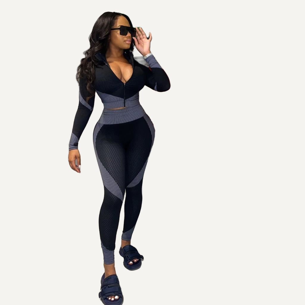 Contrast-Panel Zip-Neck Top and Leggings Set - Gray