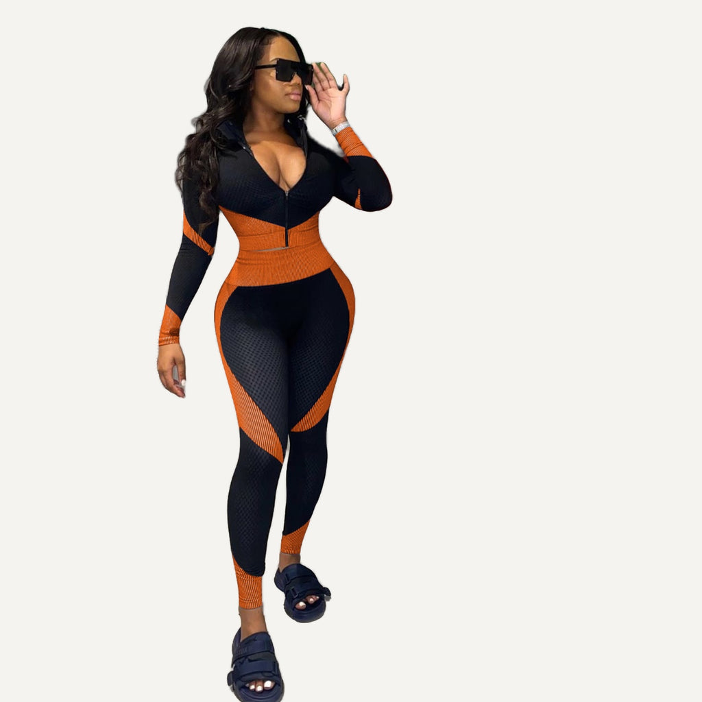 Contrast-Panel Zip-Neck Top and Leggings Set - Orange