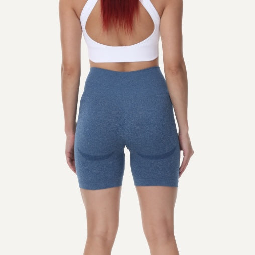 High-Waisted Heathered Workout Shorts - Blue