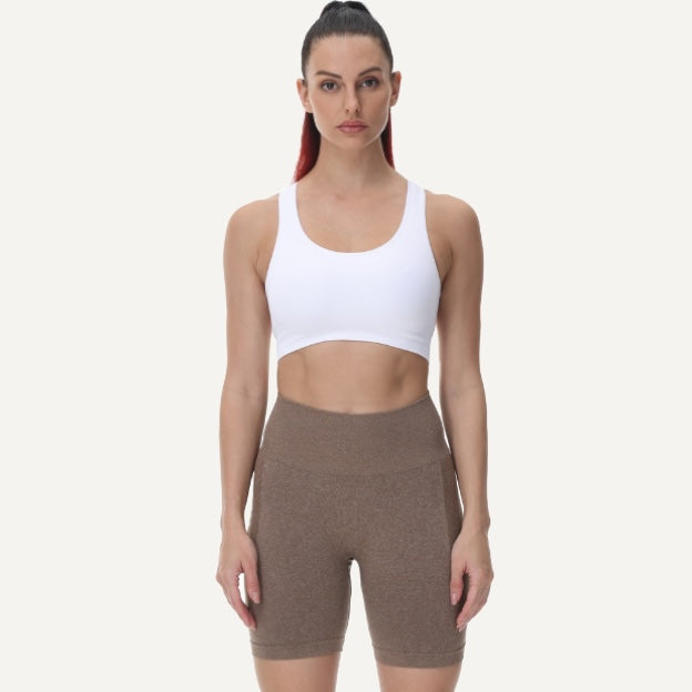 High-Waisted Heathered Workout Shorts - Brown