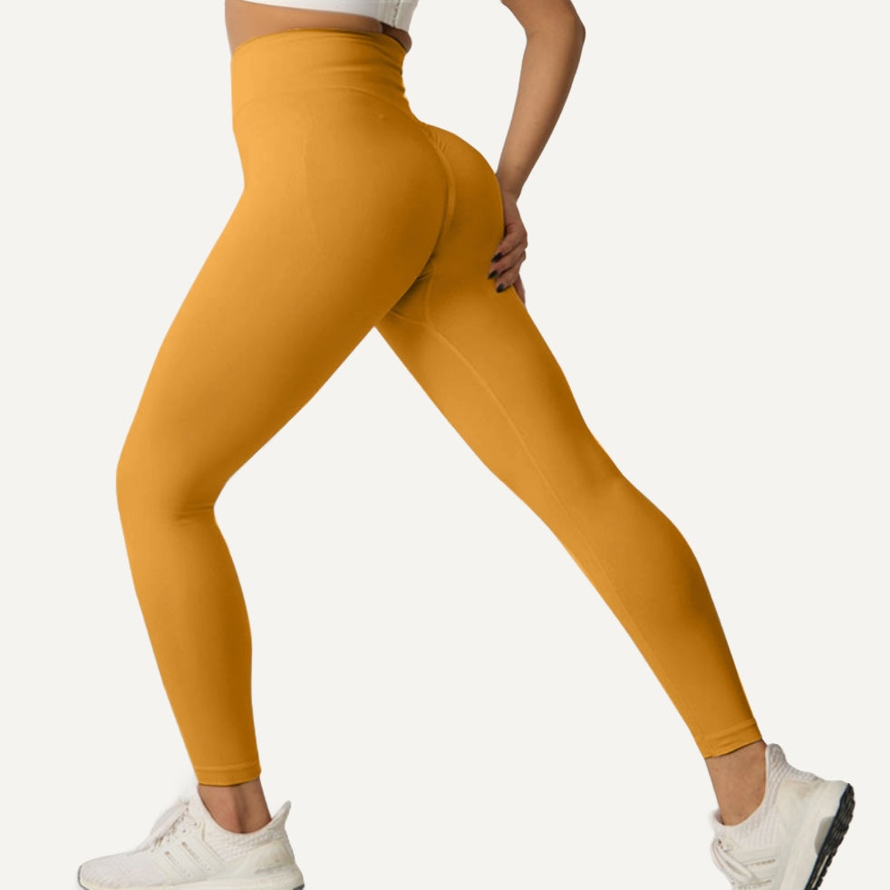 High-Waisted Nylon Leggings with Knit Panels - Mustard