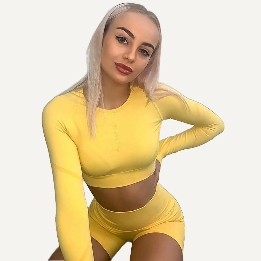 Long Sleeve Crop Top and Fitted Shorts Set - Yellow