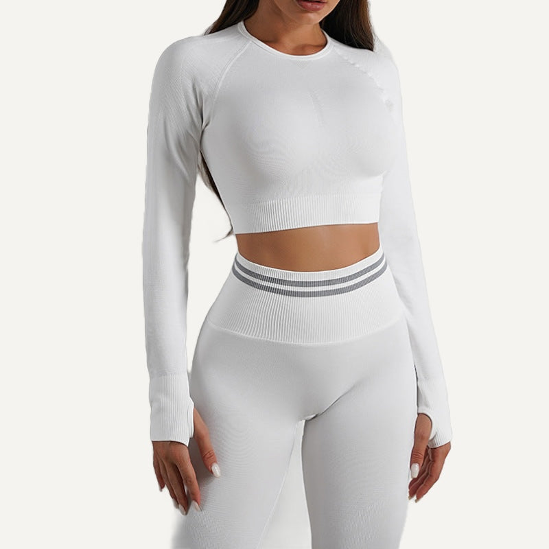 Long-Sleeve Crop Top with Textured Panels - White