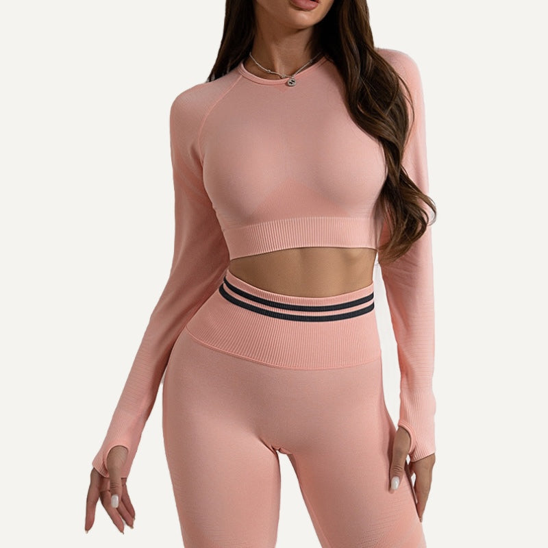 Long-Sleeve Crop Top with Textured Panels - Pink