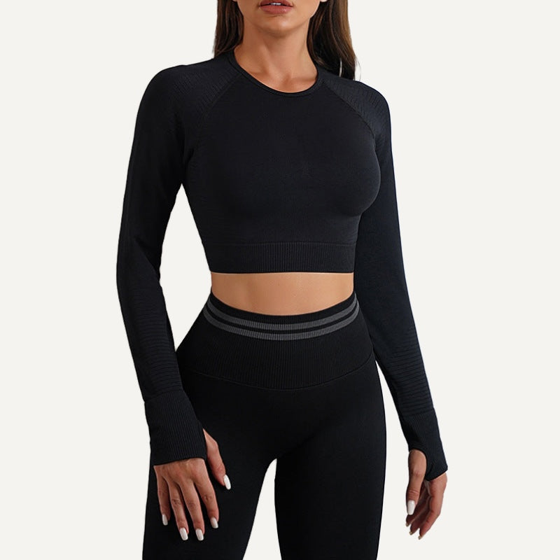 Long-Sleeve Crop Top with Textured Panels - Black
