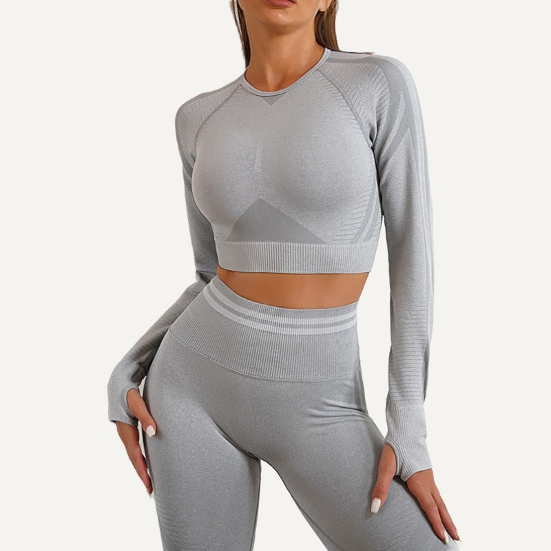 Long-Sleeve Crop Top with Textured Panels - Light Gray