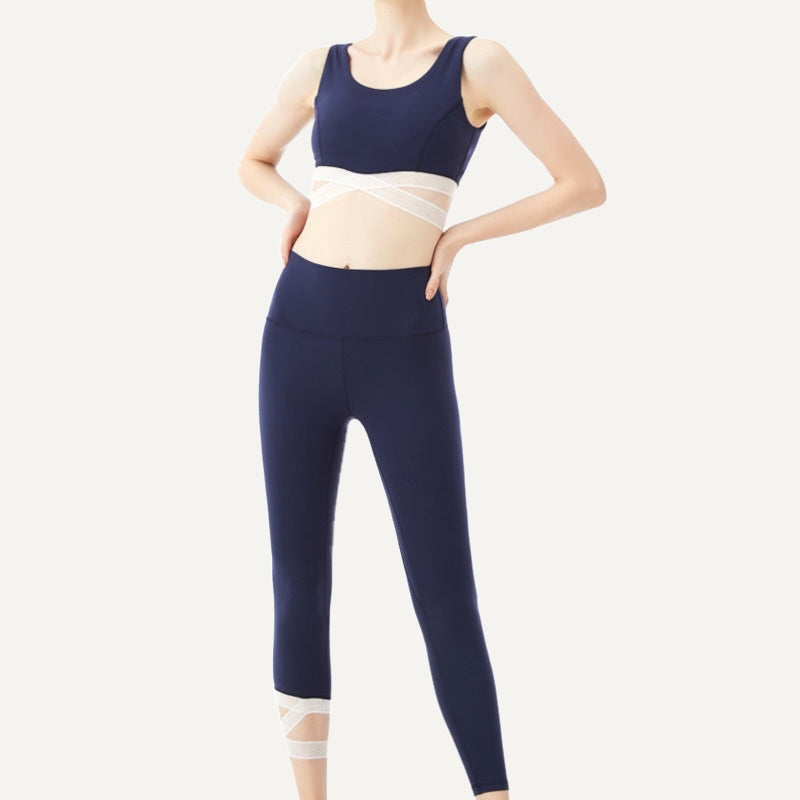 Sports Bra and Cropped Leggings Set with Mesh Panels - Navy