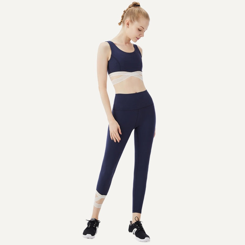 Sports Bra and Cropped Leggings Set with Mesh Panels - Navy