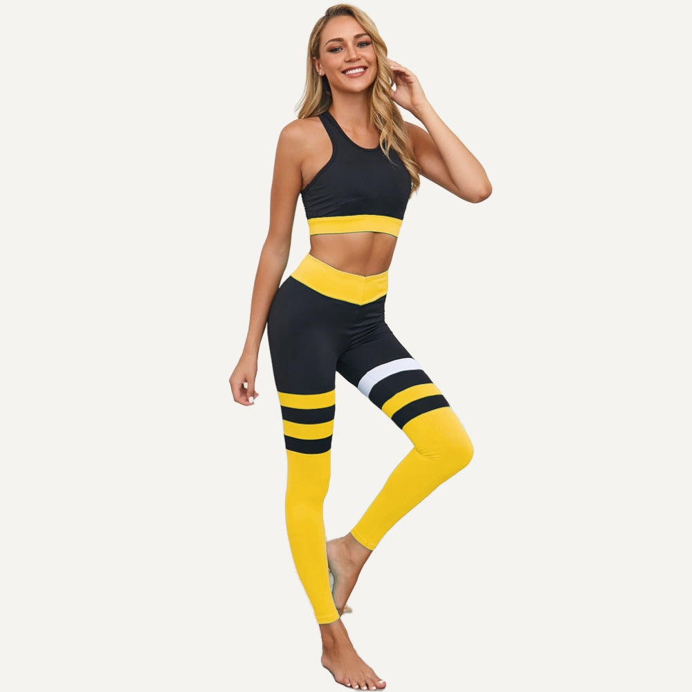 Sports Bra and Leggings Set with Contrast Stripes - Yellow