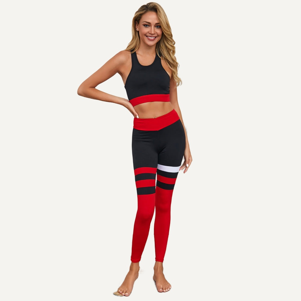 Sports Bra and Leggings Set with Contrast Stripes - Red