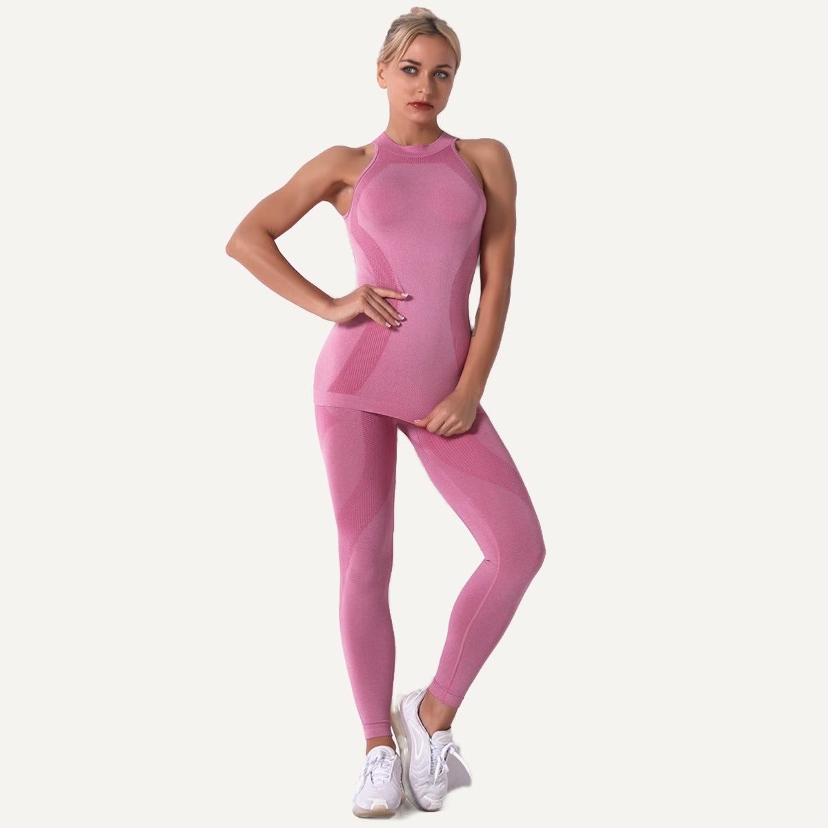 High-Neck Sleeveless Top and Leggings Set - Pink