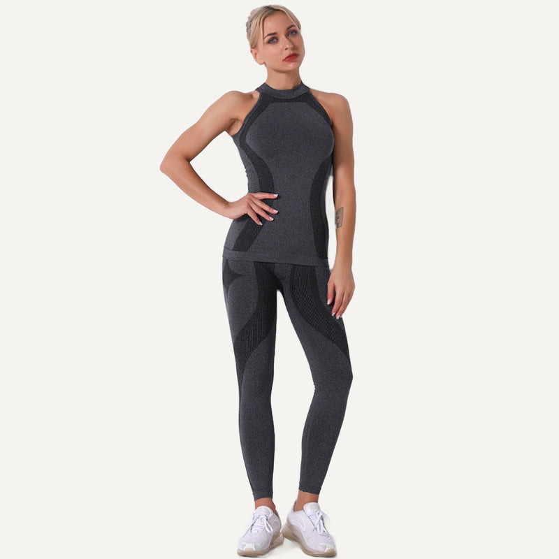 High-Neck Sleeveless Top and Leggings Set - Charcoal