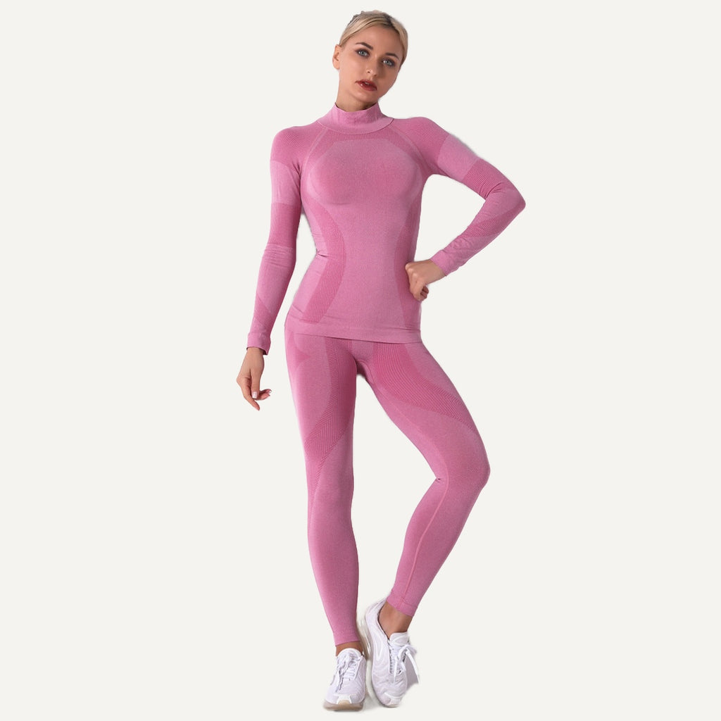 High-Neck Long-Sleeve Workout Set - Pink