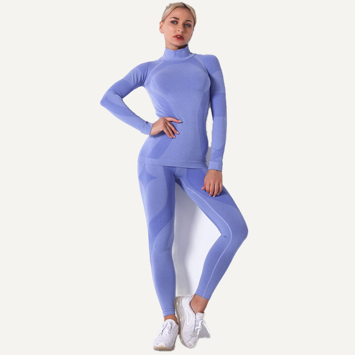 High-Neck Long-Sleeve Workout Set - Periwinkle