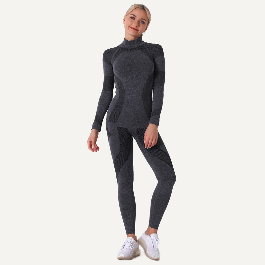 High-Neck Long-Sleeve Workout Set - Charcoal