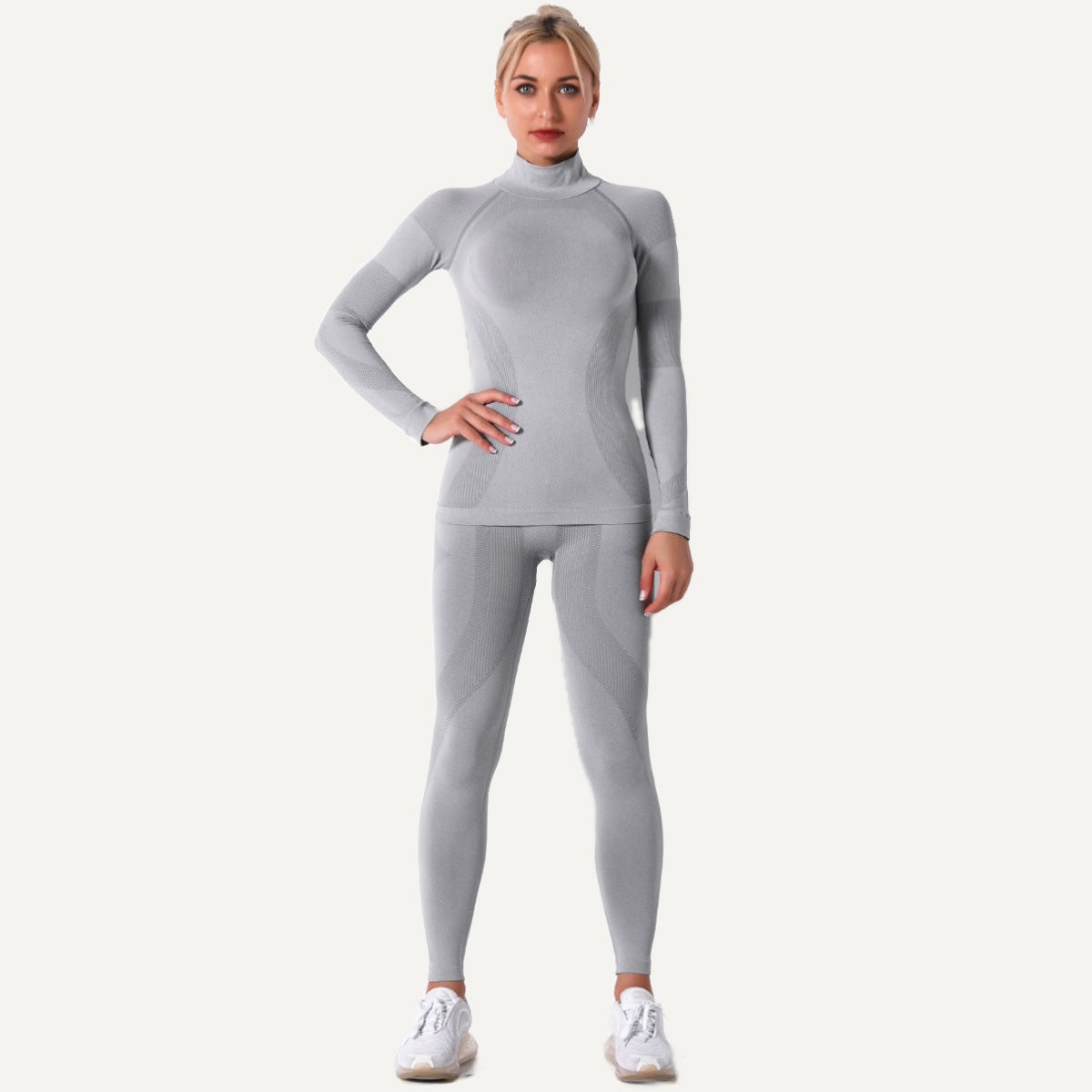 High-Neck Long-Sleeve Workout Set - Light Gray