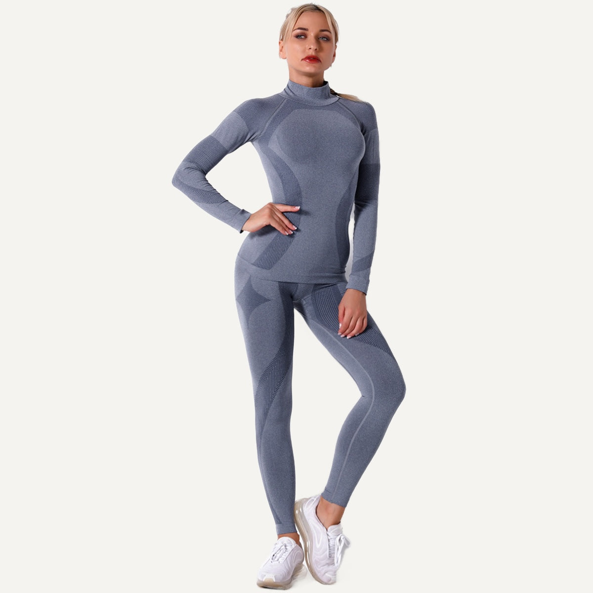 High-Neck Long-Sleeve Workout Set - Slate Blue
