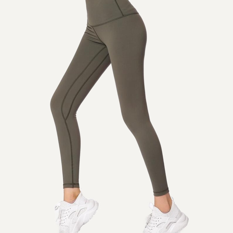 High-Waisted Leggings with Contrast Side Seams - Olive