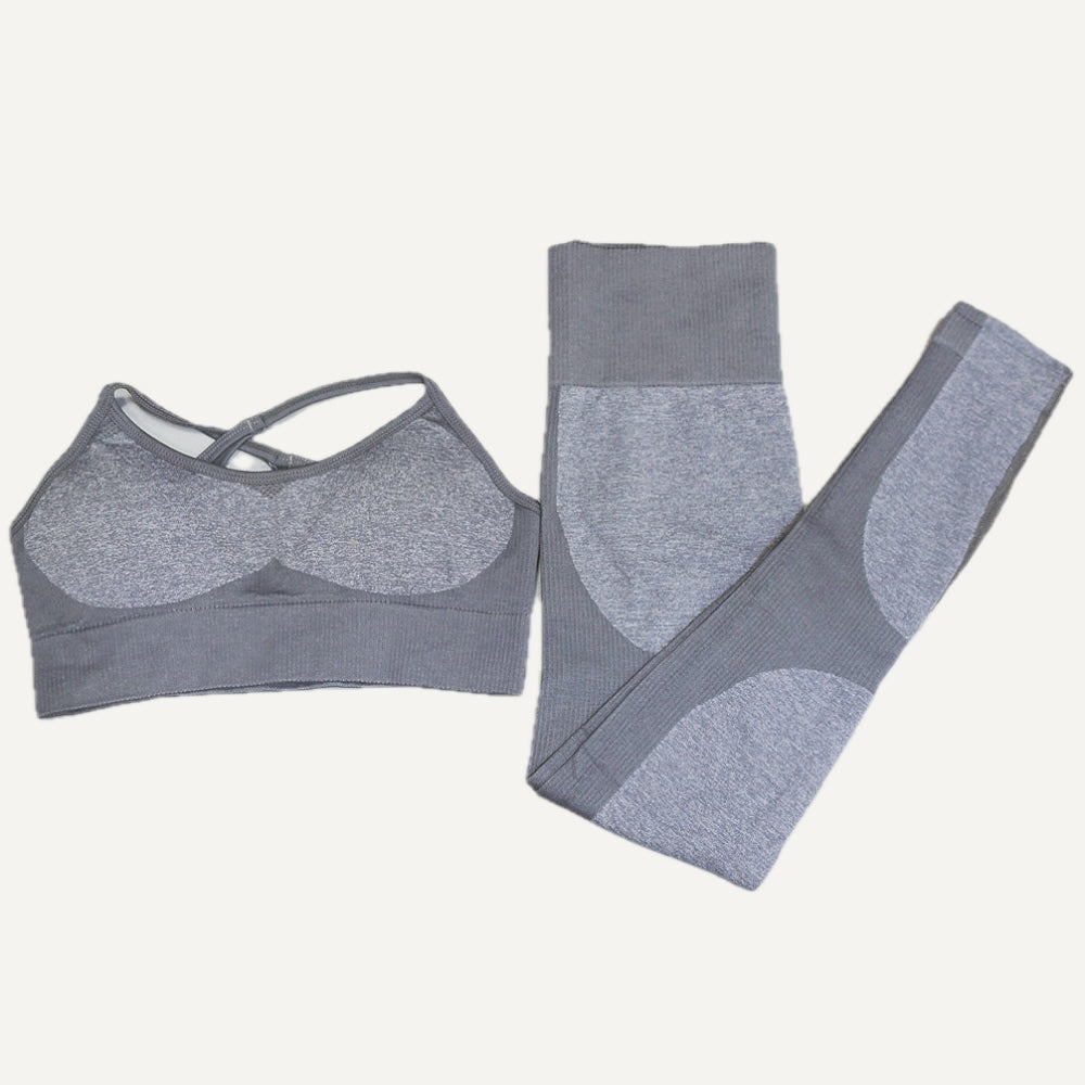 Cross-Strap Sports Bra and Panel Leggings Set - Gray